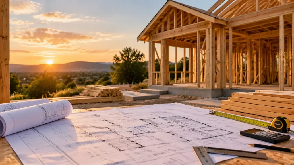 Home construction site with building plans showing owner builder project planning without a general contractor