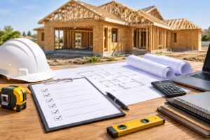 Construction planning checklist with blueprints, hard hat, measuring tools, calculator, and laptop arranged on a wooden table in front of a partially framed house, representing preparations before construction begins.