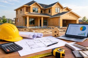 Construction budget planning setup with blueprints, calculator, hard hat, laptop displaying financial charts, and building materials on a table in front of a modern two-story custom home under construction.