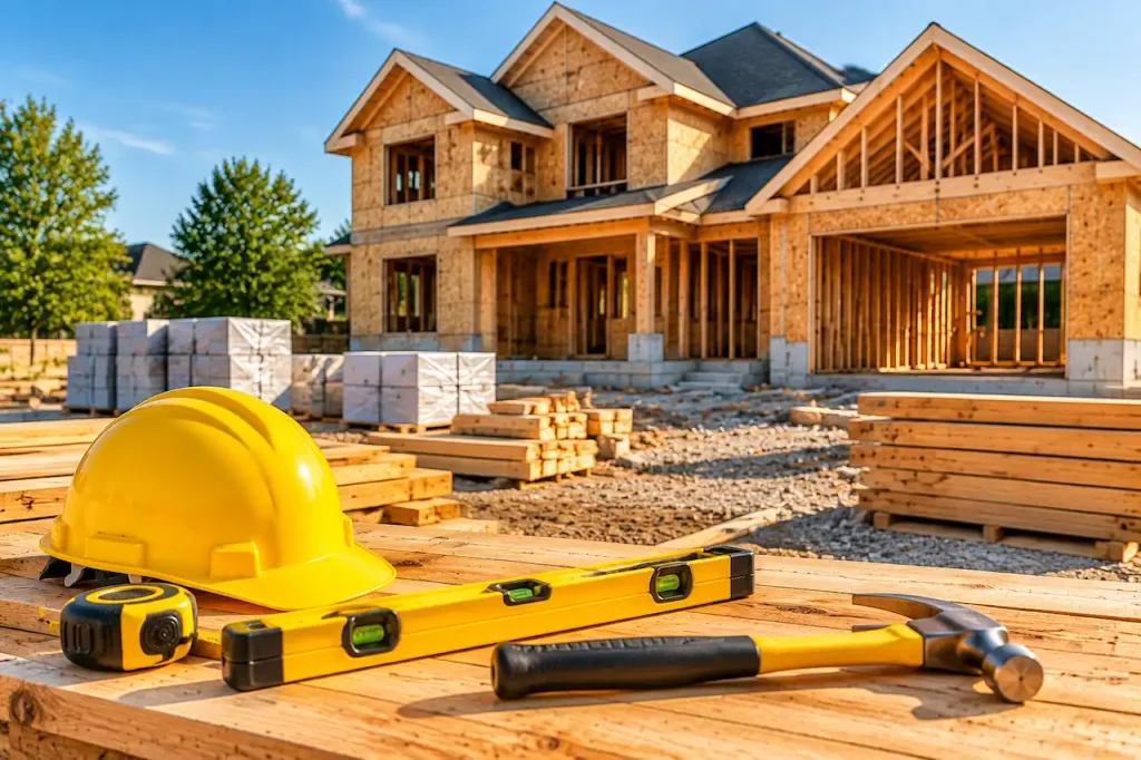Owner builder construction site preparation with safety tools and unfinished home before construction starts