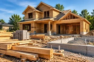 Residential home under construction with building materials and foundation work showing potential owner builder construction mistakes