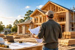 Owner builder reviewing house plans during a residential construction project