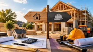 Owner builder vs general contractor comparison showing home construction planning tools and equipment