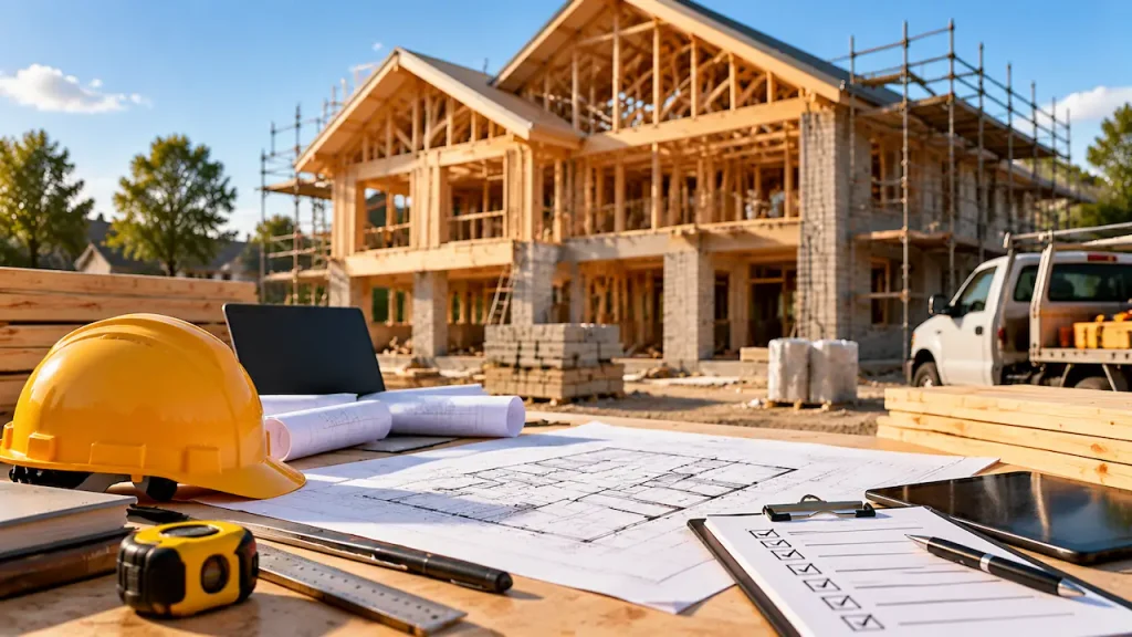 General contractor planning a residential construction project with blueprints and building tools
