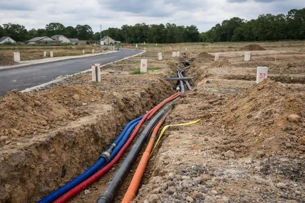 Underground utility trench and pipes at a residential construction site showing additional home-building infrastructure costs.
