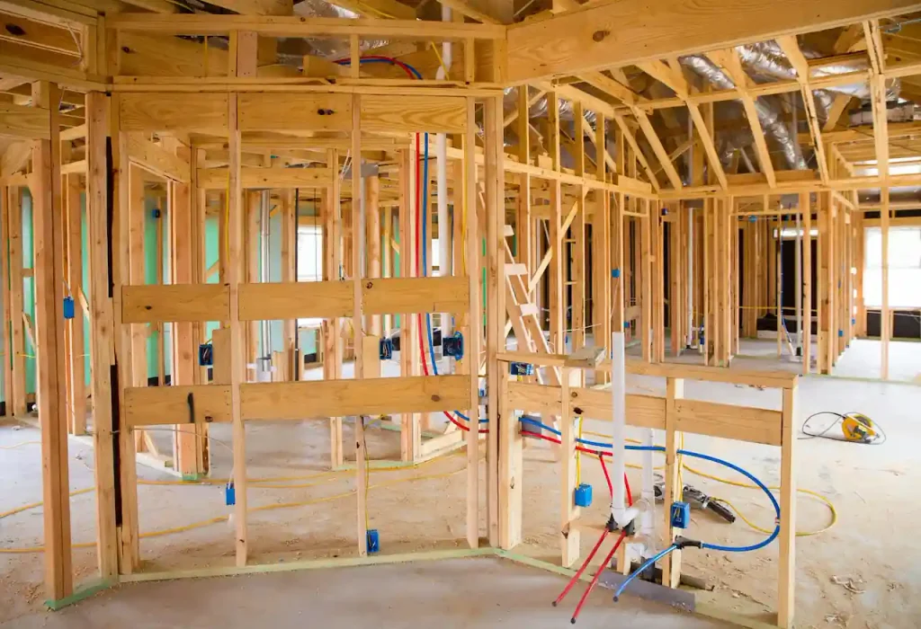 Exposed wall framing and electrical wiring inside a home showing the construction stage when design changes can increase costs.