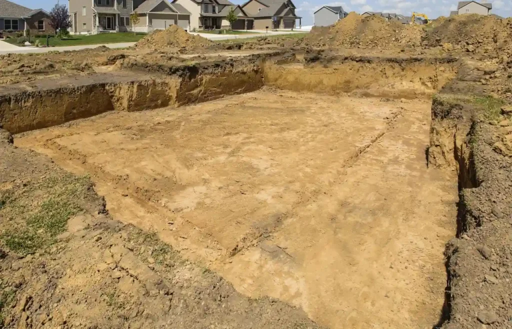 Excavated residential building site showing foundation preparation and unexpected site development costs.