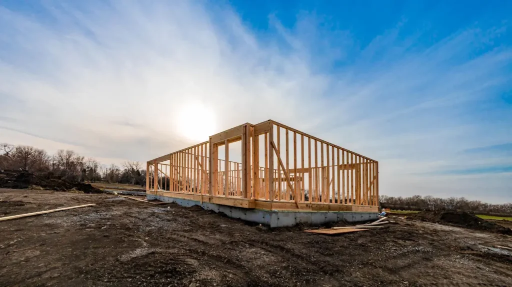 Residential home under construction showing wooden framing and the potential for owner builder savings.