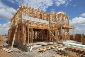 Residential home under construction with exposed wooden framing during an owner-builder project.
