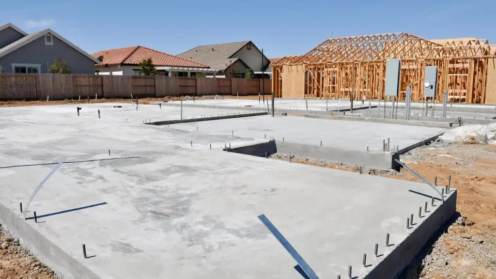 Concrete foundation and wooden framing of a new home illustrating major construction expenses.