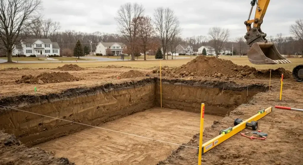 Excavated and graded residential building lot showing site preparation costs before new home construction.