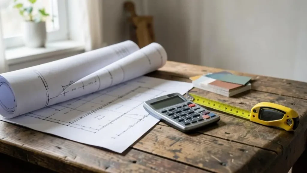 Calculator and measuring tape beside residential construction plans for estimating owner builder costs.