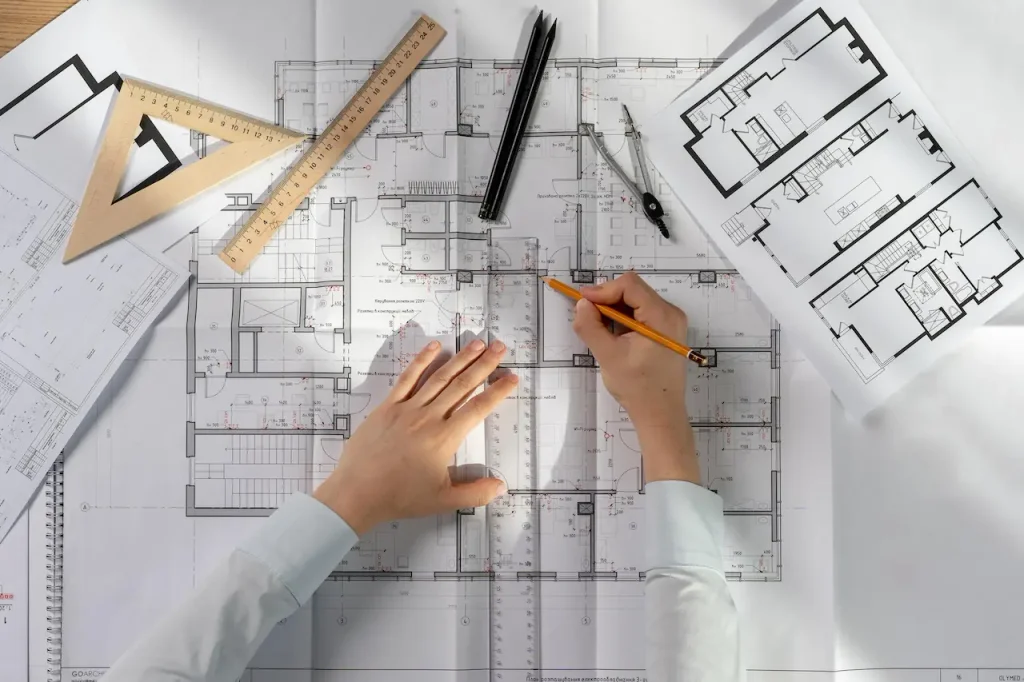 Architectural floor plans and drafting tools arranged on a desk for residential construction planning.