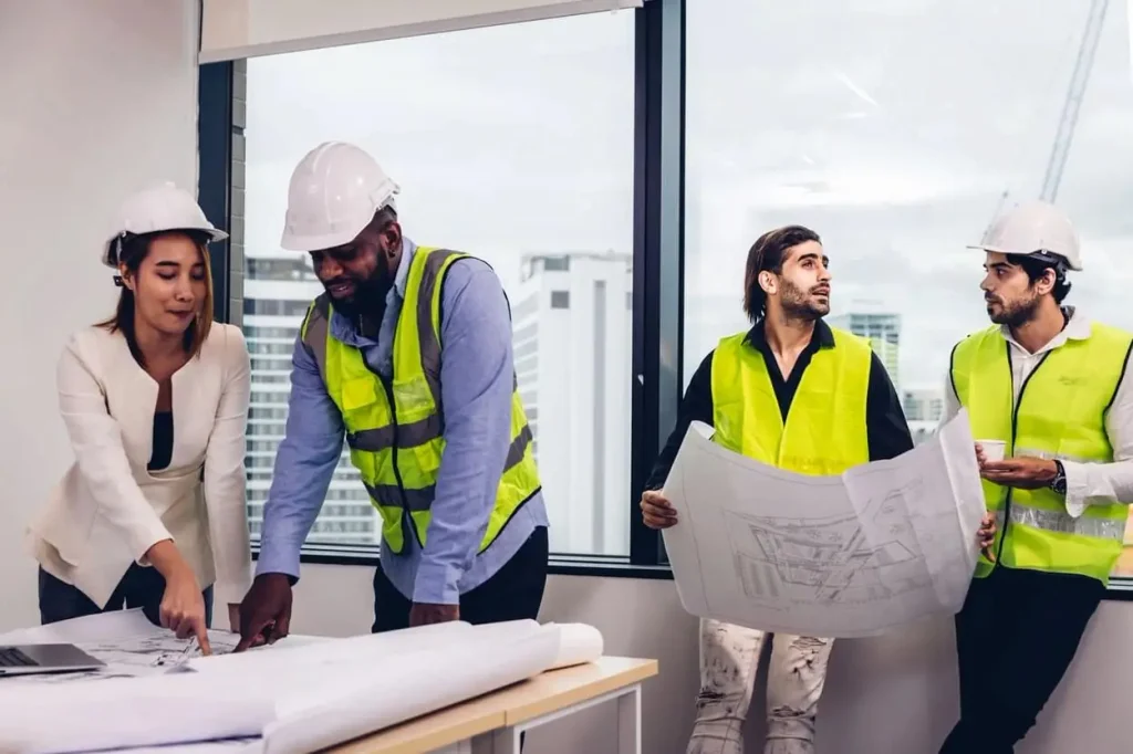 Construction professional discussing architectural plans and project details during a contractor review.