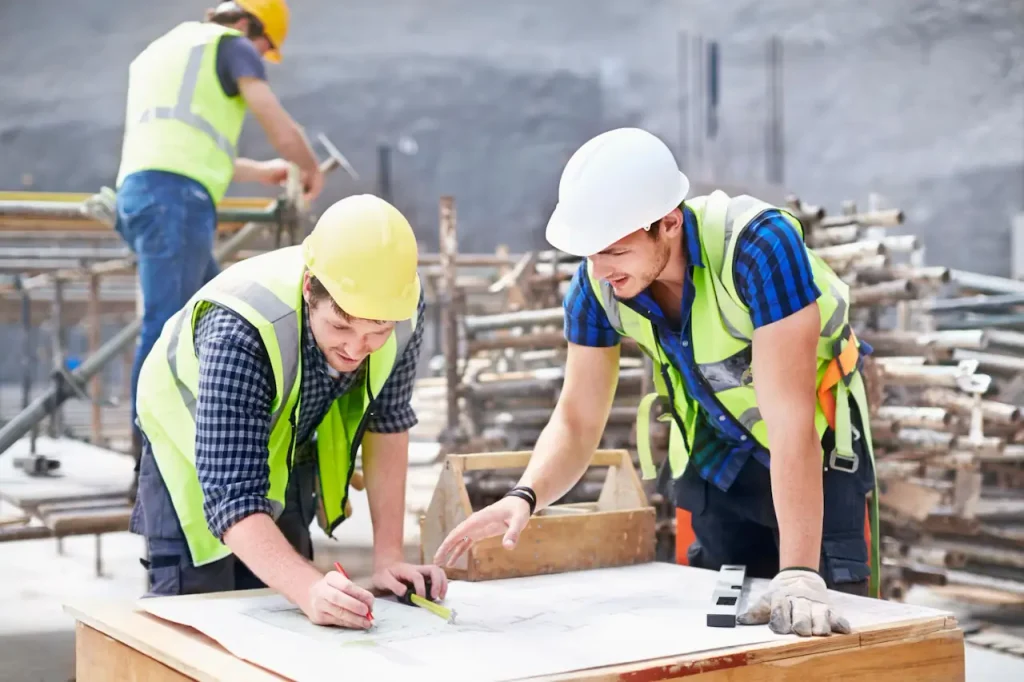 Construction workers reviewing building plans together at a jobsite to coordinate project progress.